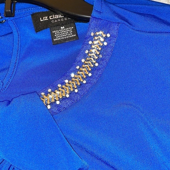 LIZ CLAIBORNE NEW M  bold blue long sleeve blouse,rhinestones round neck - Picture 6 of 6